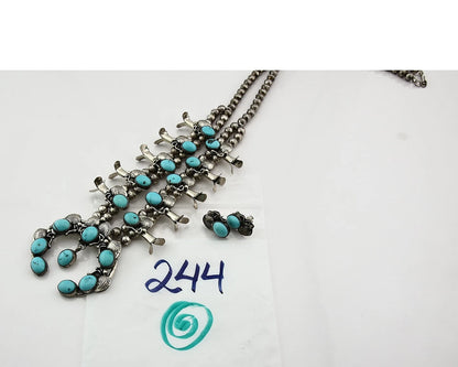 Navajo Squash Necklace Earring Set Sterling Silver Turquoise Vintage C.80's