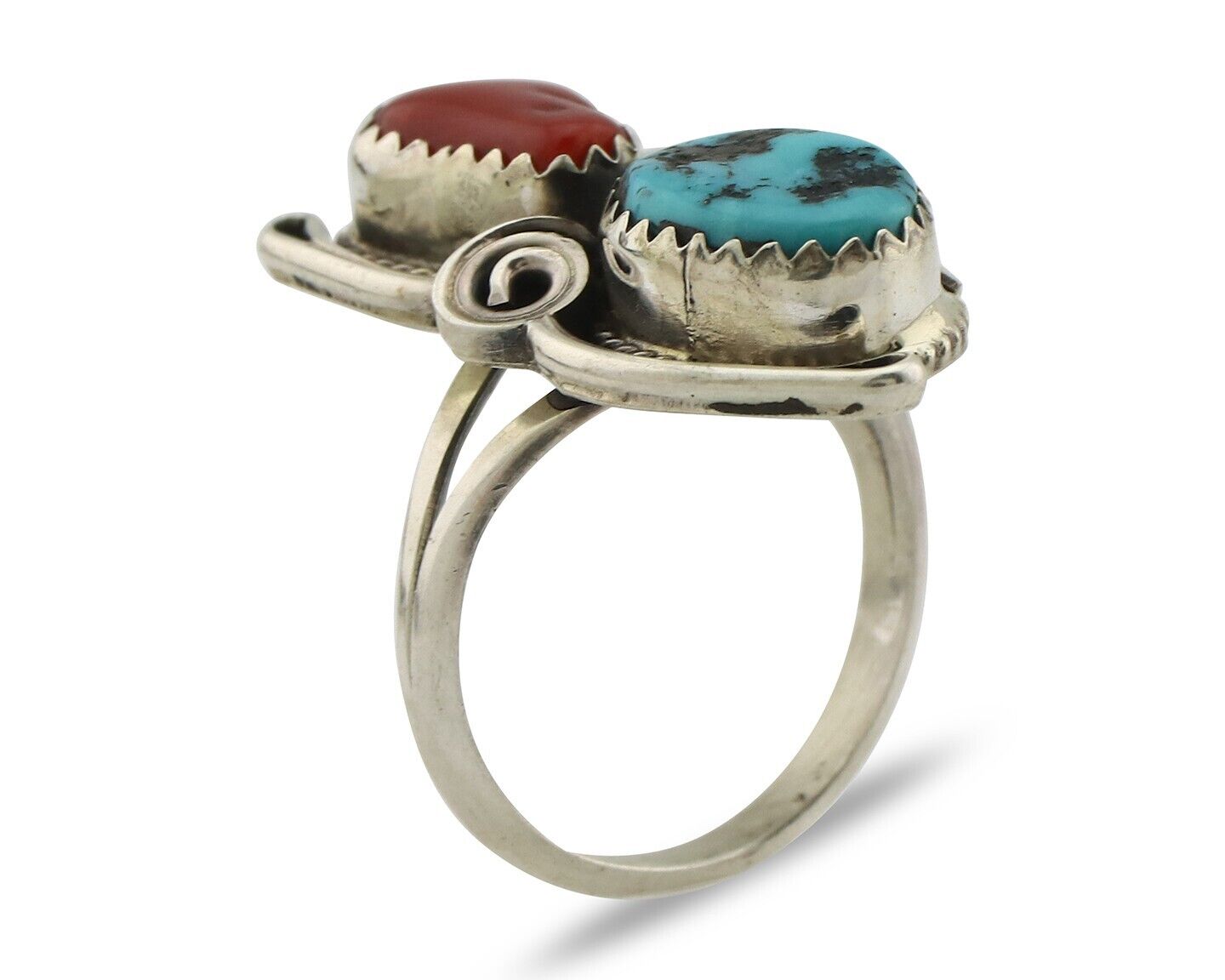 Navajo Ring .925 Silver Turquoise & Coral Artist Signed Justin Morris C.80's