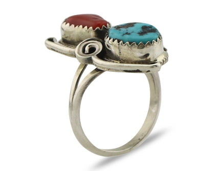 Navajo Ring .925 Silver Turquoise & Coral Artist Signed Justin Morris C.80's