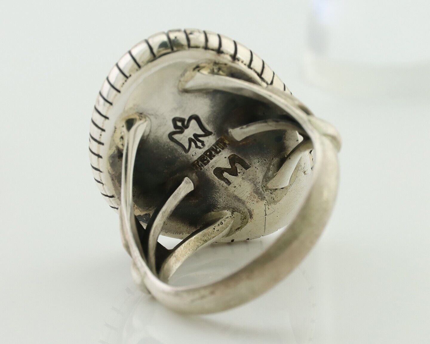 Navajo Handmade Ring 925 Silver Spiderweb Turquoise Signed M Montoya C.80's