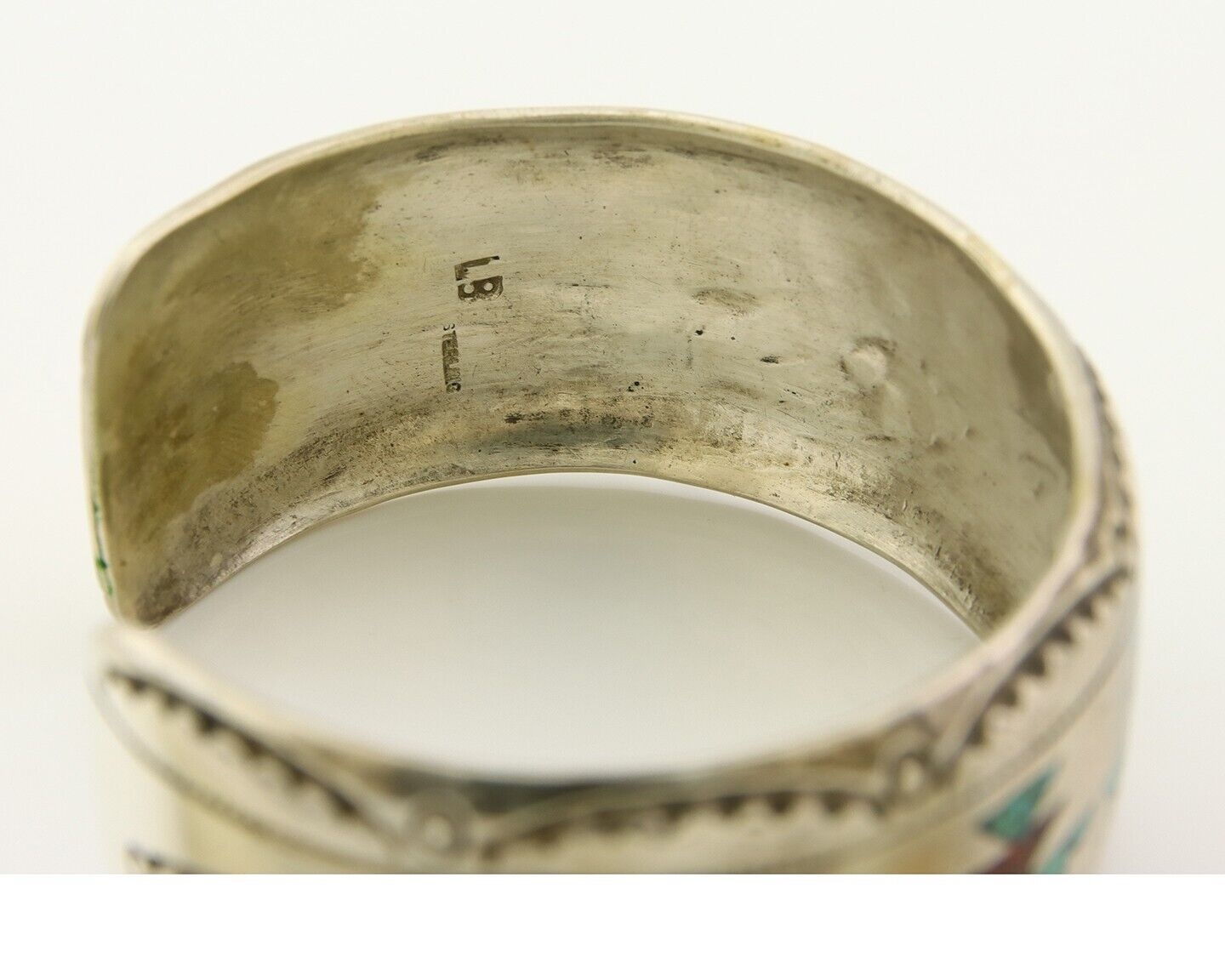 Navajo Bracelet 925 Silver Inlaid Coral & Turquoise Cuff Artist Signed LB C.80's