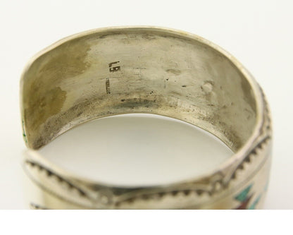 Navajo Bracelet 925 Silver Inlaid Coral & Turquoise Cuff Artist Signed LB C.80's