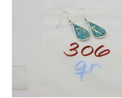 Navajo Kokopelli Earrings 999 Nickel Chip Inlay Turquoise Coral Native American