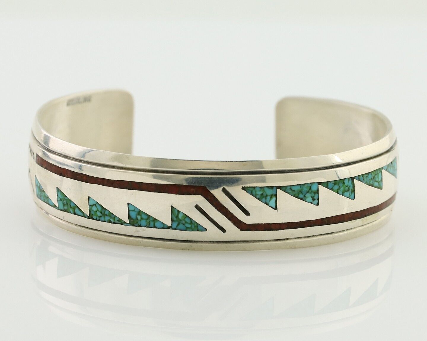 Navajo Inlay Bracelet 925 Silver Turquoise & Coral Signed Stanely Bain C.80's