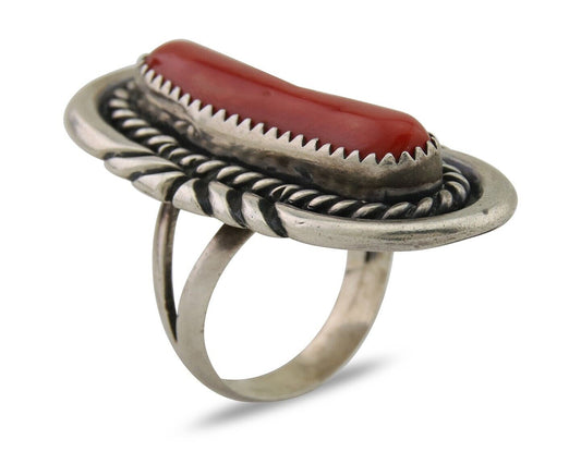 Navajo Ring 925 Silver Mediterranean Coral Native Artist Size 6.0