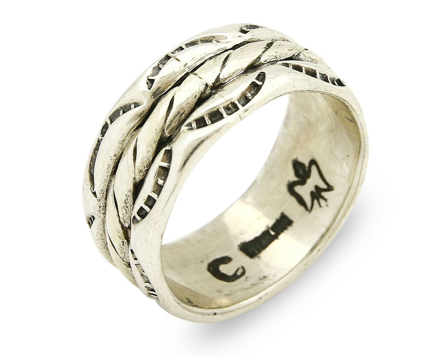 Navajo Ring .925 Silver Handmade Hand Stamped 3 Row Rope Band C.1980's 8.25