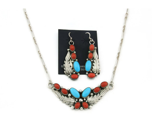 Navajo Necklace Earring Set 925 Sterling Silver Turquoise & Coral Signed RB