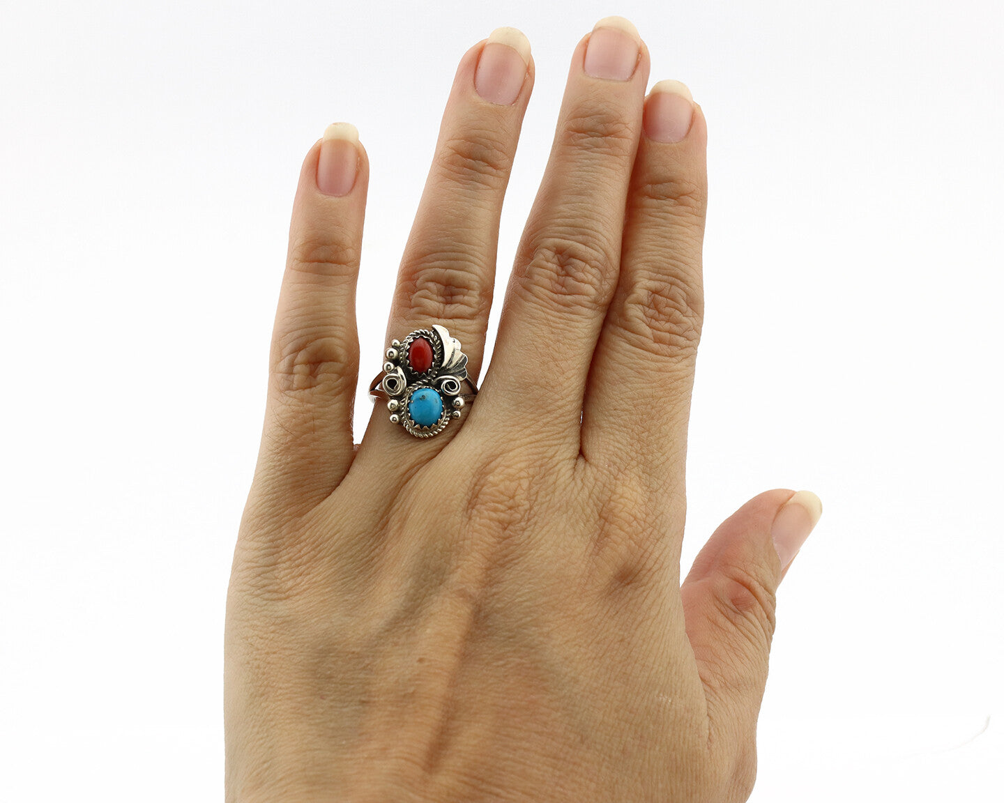 Navajo Ring .925 Silver Morenci Turquoise & Coral Native Artist Signed JM C.80's