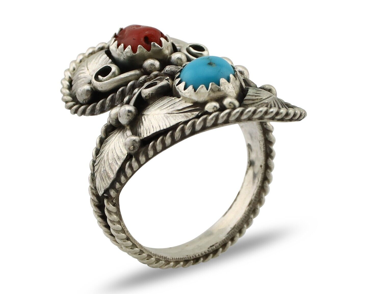 Navajo Adjustable Ring 925 Silver Turquoise & Coral Artist Signed Gecko C.80's