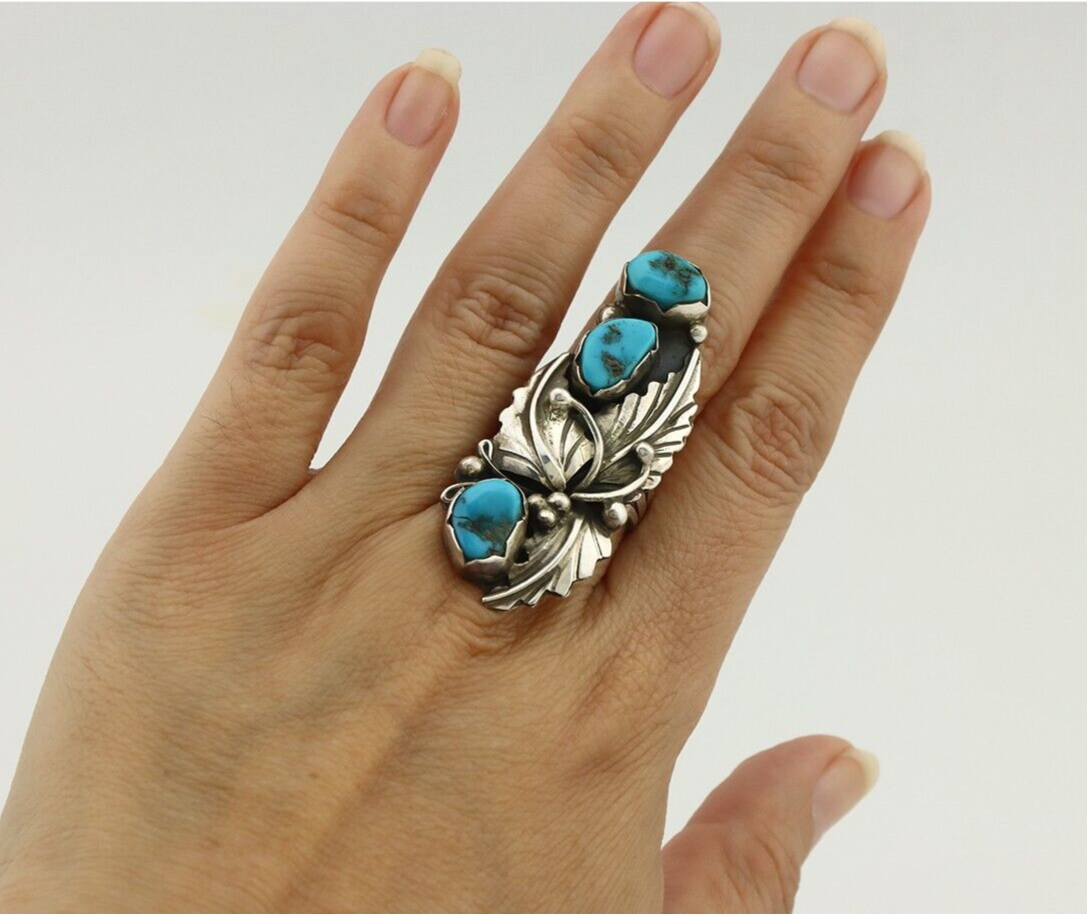 Navajo Ring 925 Silver Sleeping Beauty Turquoise Artist Signed Richard Long C80s