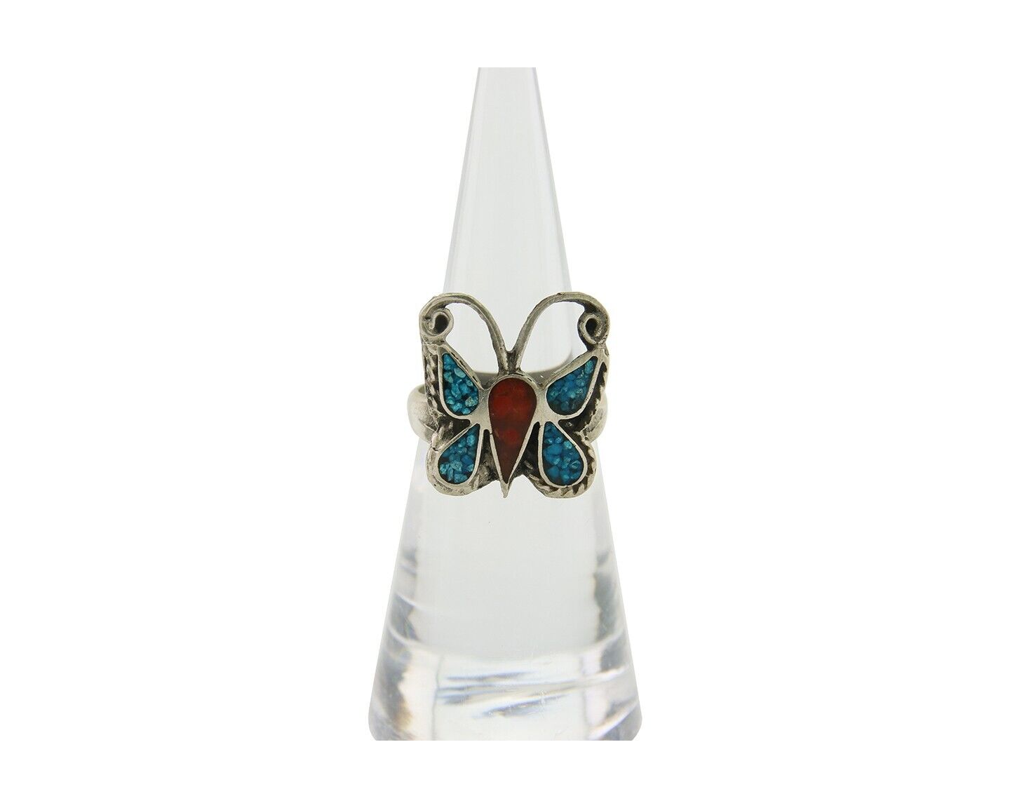 Navajo Handmade Butterfly Ring 925 Silver Coral & Turquoise Native Artist C.80's