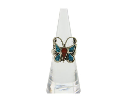 Navajo Handmade Butterfly Ring 925 Silver Coral & Turquoise Native Artist C.80's