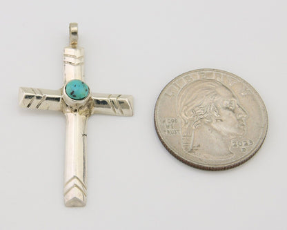 Navajo Sand Cast Cross Pendant 925 Silver Turquoise Artist Signed J Yazzie C.80s