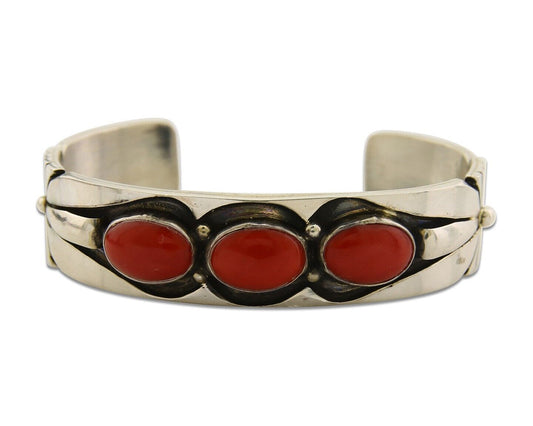 Navajo Bracelet .925 Silver Red Coral Cuff Signed Charles Johnson C.80's