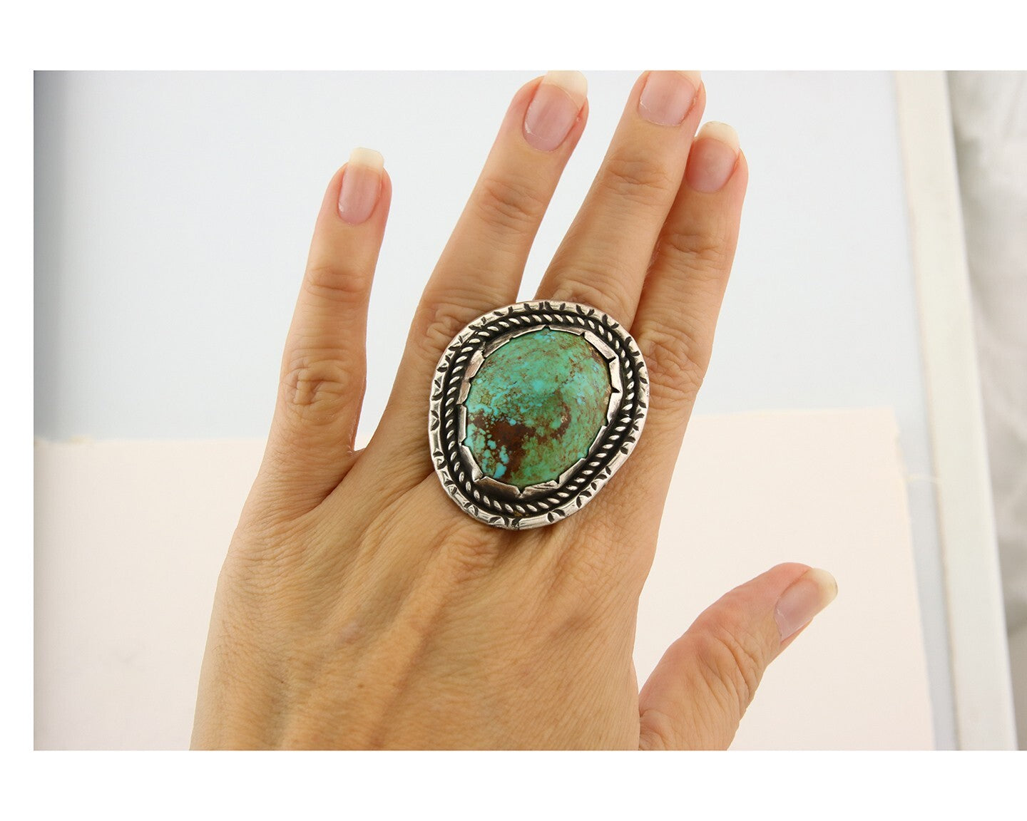 Navajo Ring 925 Sterling Natural Mined Turquoise Signed BM C.80's Size 7