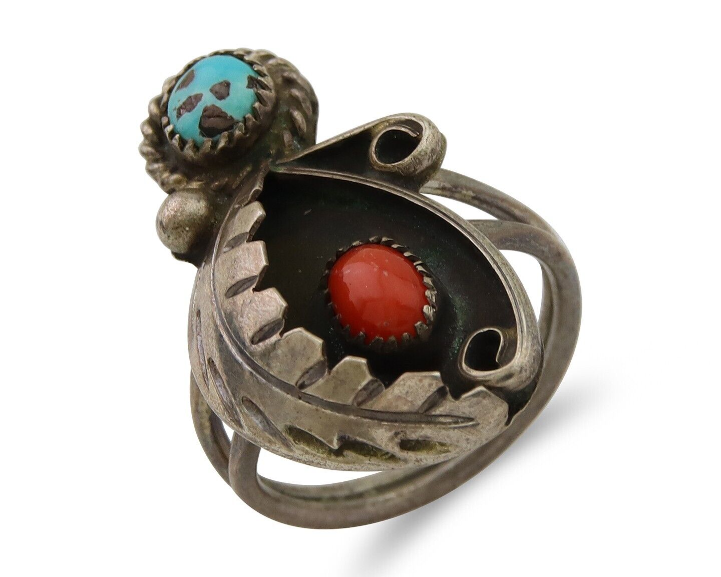 Navajo Handmade Ring 925 Silver Turquoise & Coral Native Artist C.80's