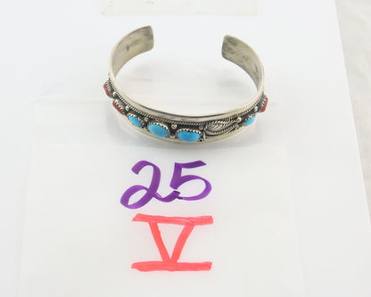 Navajo Bracelet 925 Silver Coral & Turquoise Cuff Signed E C.80's