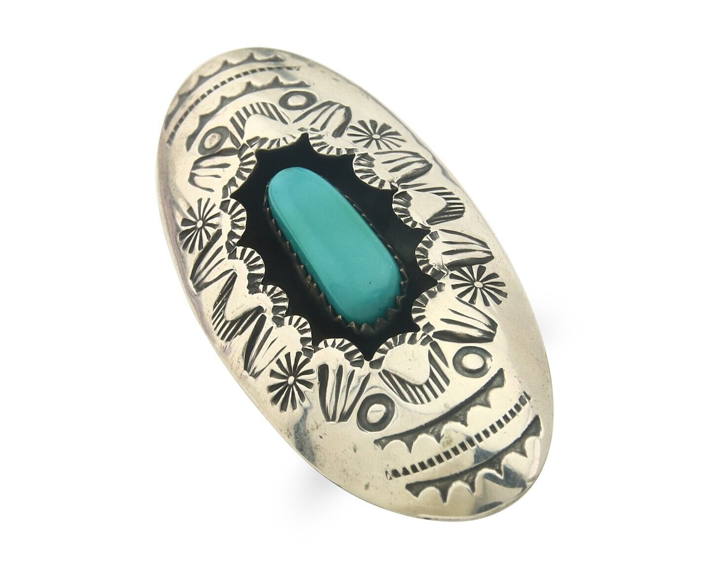 Navajo Ring 925 Sterling Turquoise Hand Stamped Signed J Martinez C.80's Sz 6.75