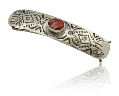 Women Navajo Hair Clip Barrette 925 Silver White Red Spiney Oyster Native Artist