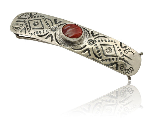 Women Navajo Hair Clip Barrette 925 Silver White Red Spiney Oyster Native Artist