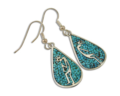 Navajo Kokopelli Earrings 999 Nickel Chip Inlay Turquoise Coral Native American
