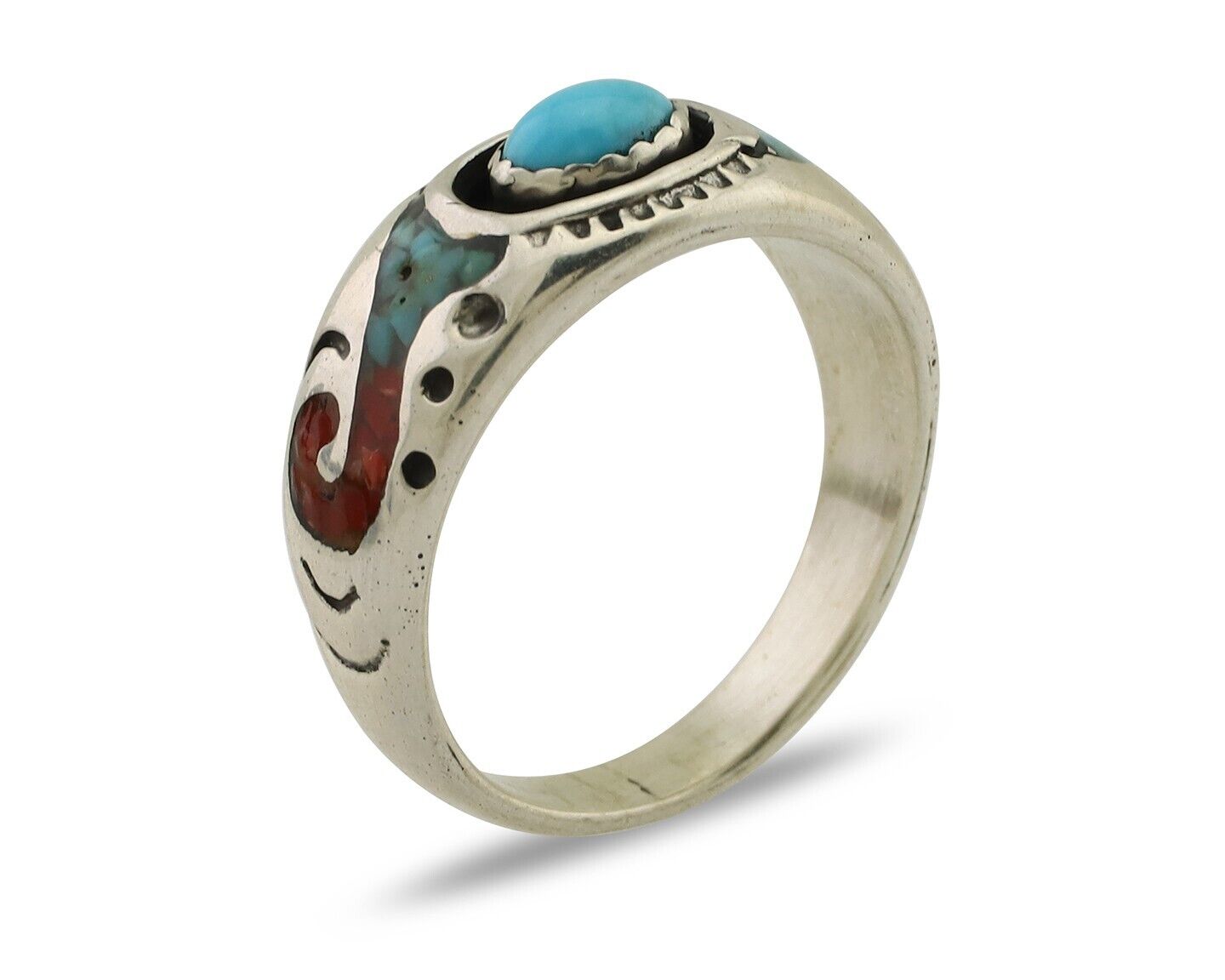 Navajo Ring 925 Silver Turquoise & Coral Natural American Artist C.80's