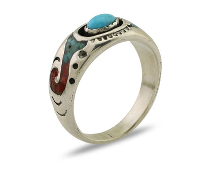 Navajo Ring 925 Silver Turquoise & Coral Natural American Artist C.80's