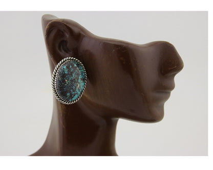Navajo Earrings 925 Silver Blue Diamond Turquoise Signed Running Bear C.80's