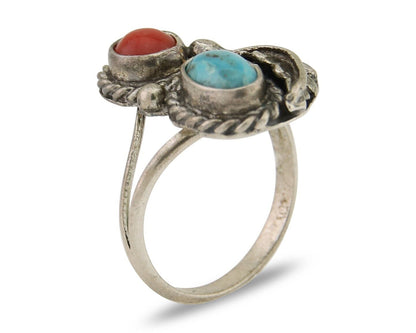 Navajo Handmade Ring 925 Silver Coral & Turquoise Native Artist C.80's