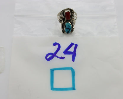 Navajo Ring .925 Silver Turquoise & Coral Artist Signed Justin Morris C.80's