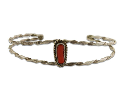 Navajo Bracelet .925 Silver Mediterranean Red Coral Cuff Native Artist C.80's