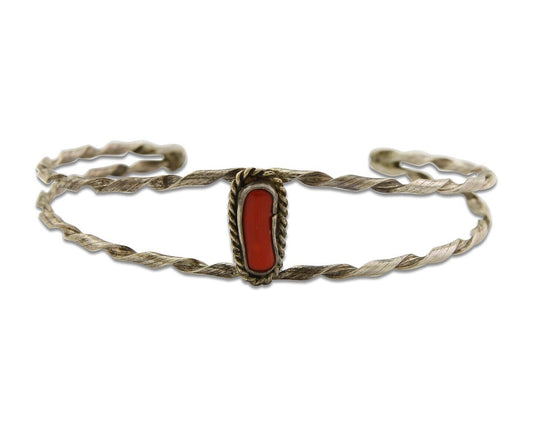 Navajo Bracelet .925 Silver Mediterranean Red Coral Cuff Native Artist C.80's