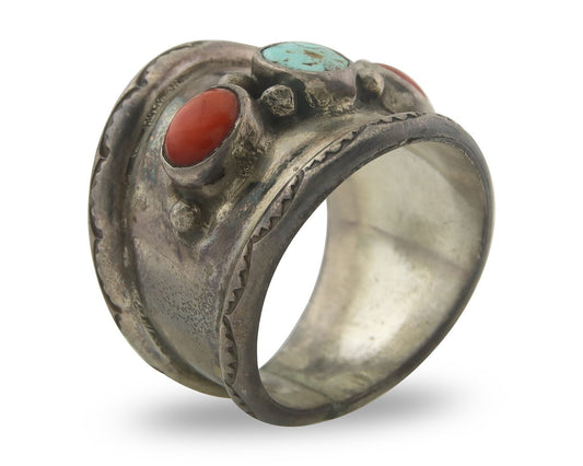 Men Vintage Navajo Ring 925 Sterling Turquoise & Coral Native Artist Size 11