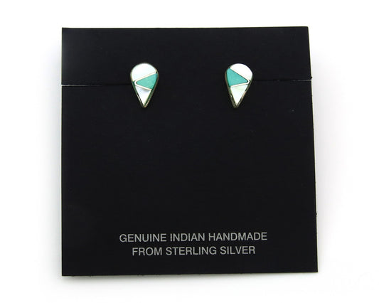 Navajo Earrings Sterling Silver Inlaid Turquoise & MOP Vintage Handmade