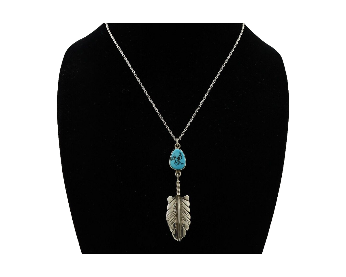 Navajo Feather Turquoise Necklace 925 Silver Artist Signed M Montoya C.80's