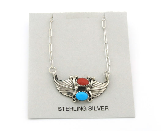 Navajo Necklace Sterling Silver Turquoise Coral Authentic Vintage SN