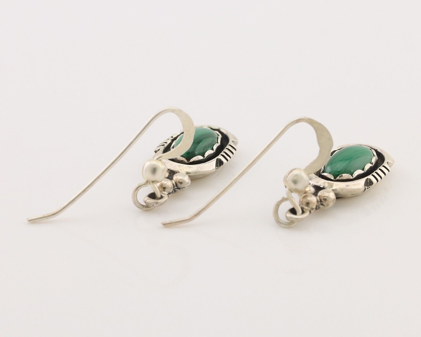 Navajo Dangle Earrings 925 Silver Natural Malachite Native American Artist C.80s