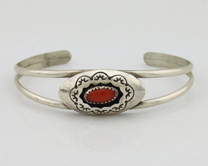 Navajo Bracelet 925 Silver Natural Red Coral Artist Signed AR ARROW C.80's