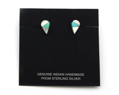 Navajo Earrings Sterling Silver Inlaid Turquoise & MOP Vintage Handmade