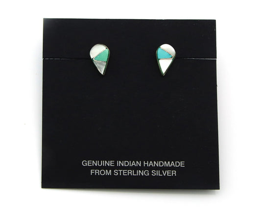 Navajo Earrings Sterling Silver Inlaid Turquoise & MOP Vintage Handmade
