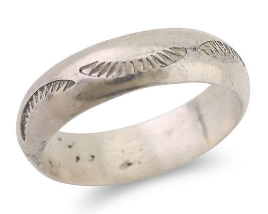Navajo Hand Stamped Band 925 Silver 6.0 mm Signed Larry Chavez Size 11 C.80's