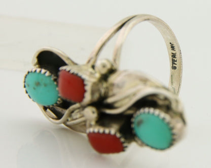 Navajo Handmade Ring 925 Silver Coral & Turquoise Native Artist C.80's