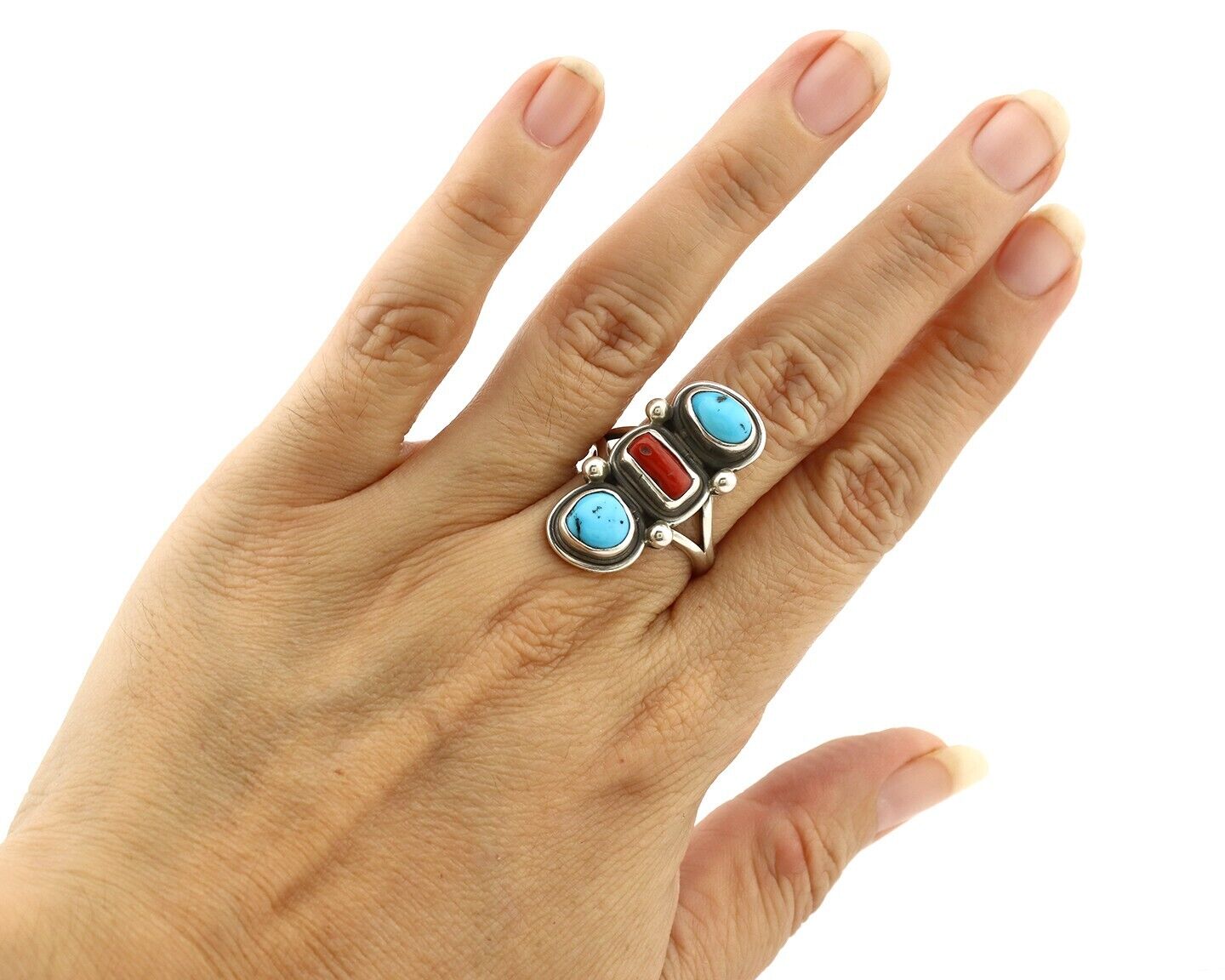 Navajo Ring 925 Silver Sleeping B Turquoise & Coral Native American Artist C.80s