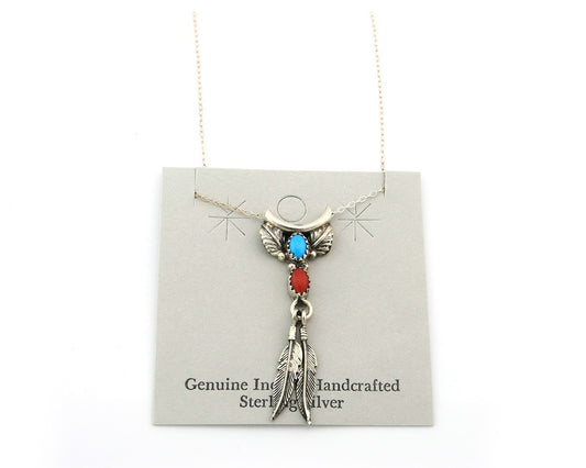 Navajo Necklace Sterling Silver Turquoise Coral Authentic Vintage Signed BJ