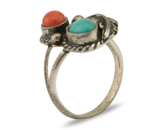 Navajo Handmade Ring 925 Silver Coral & Turquoise Native Artist C.80's