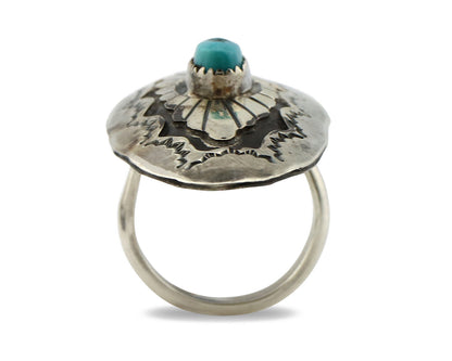 Navajo Shield Ring .925 Silver Blue Turquoise Hand Stamped Native Artist C.80's