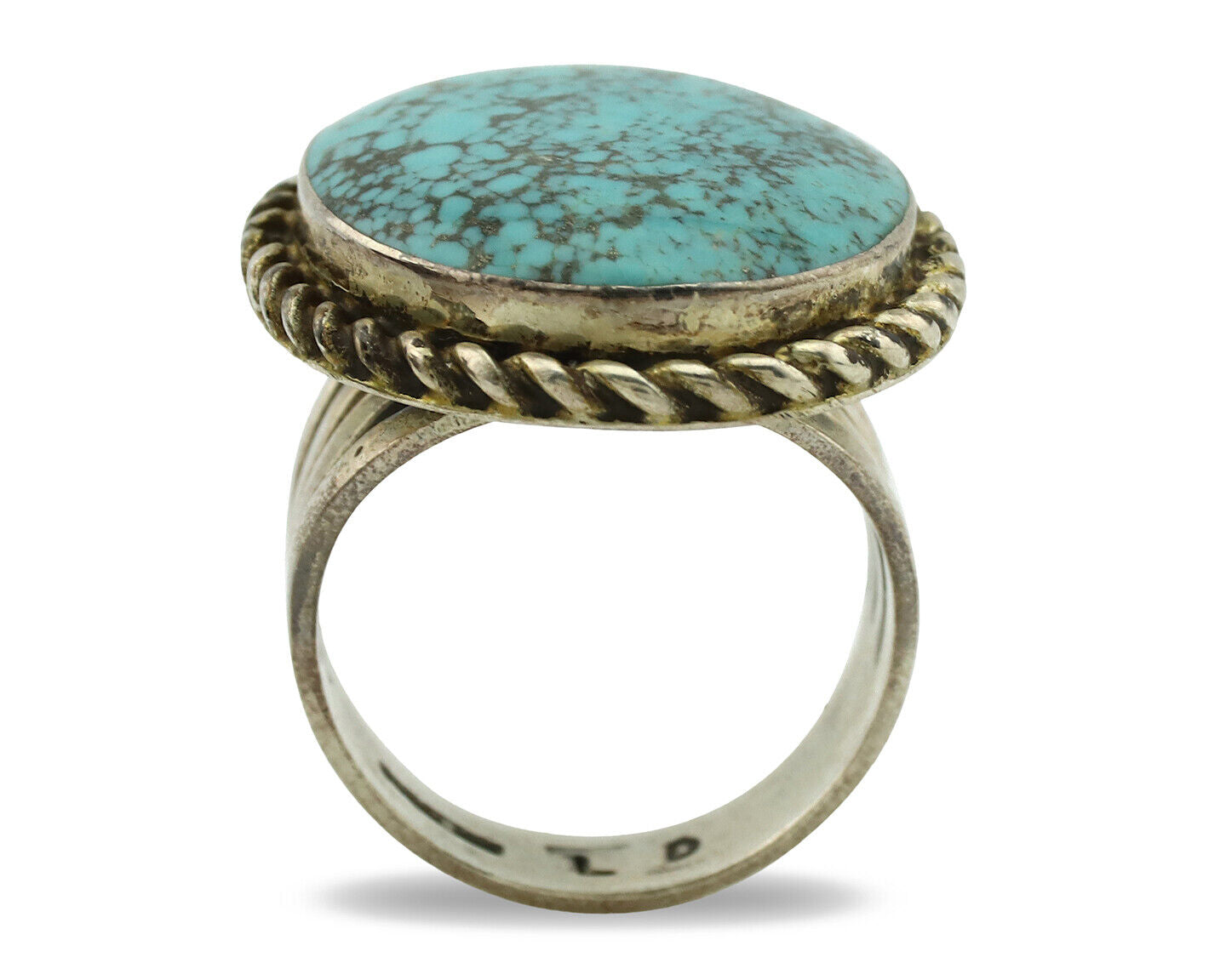 Navajo Ring .925 Silver Blue Spiderweb Turquoise Signed LD C.1980's