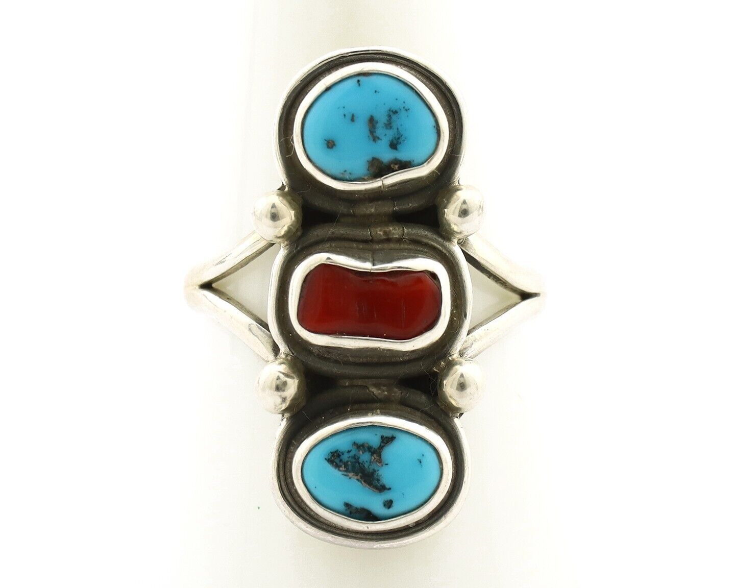 Navajo Ring 925 Silver Sleeping B Turquoise & Coral Native American Artist C.80s