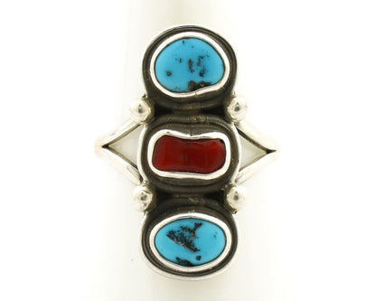 Navajo Ring 925 Silver Sleeping B Turquoise & Coral Native American Artist C.80s