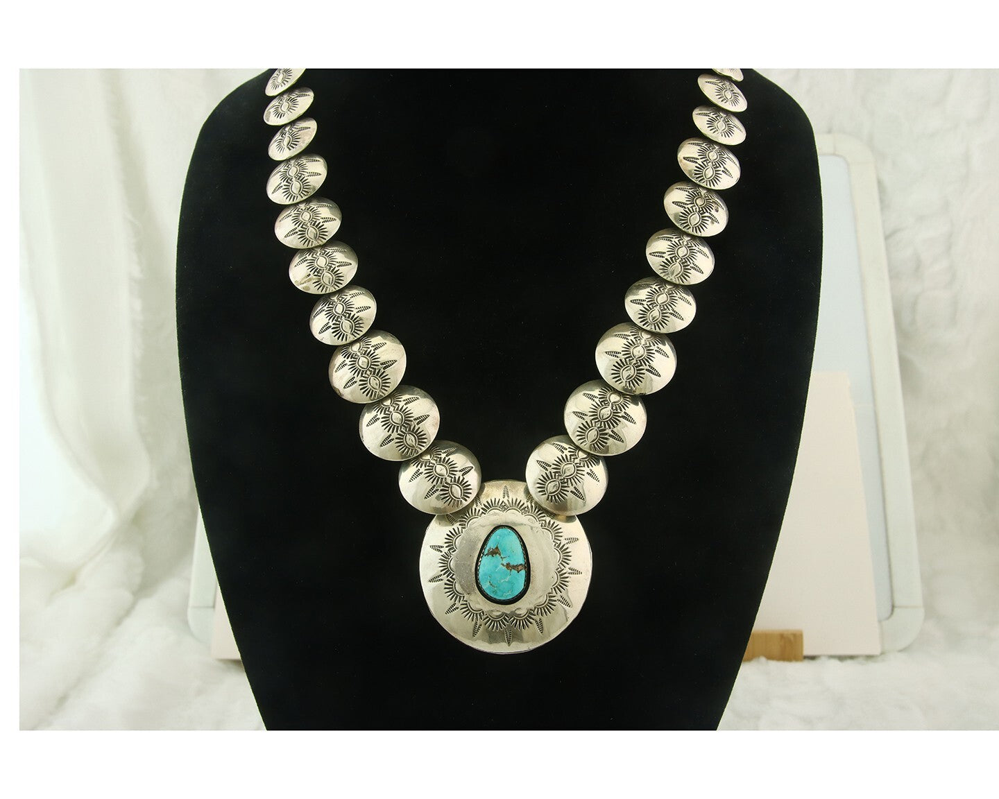 Vintage Navajo Bead Necklace 925 Siilver Turquoise Hand Stamped Native Artist